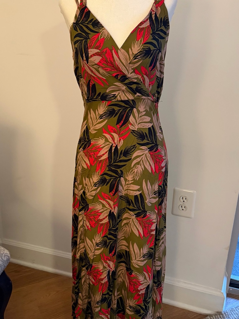 Olive Green Floral Maxi Dress with Red & Black Leaves